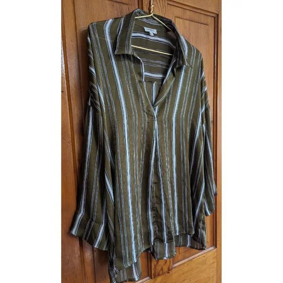 Umgee Top Womens Large Green White Striped Gauzy Oversized Tunic Blouse - Picture 3 of 8